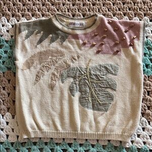 Vintage 90s Leaf Pattern Knit Sleeveless Sweater Shirt Top Womans sz Small